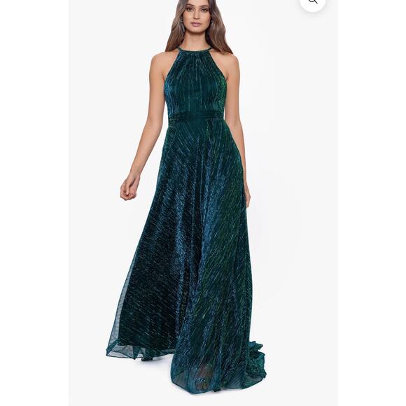 NEW NWT Betsy & Adam Mila Long Halter Metallic Green Dress size 0 - Picture 1 of 8